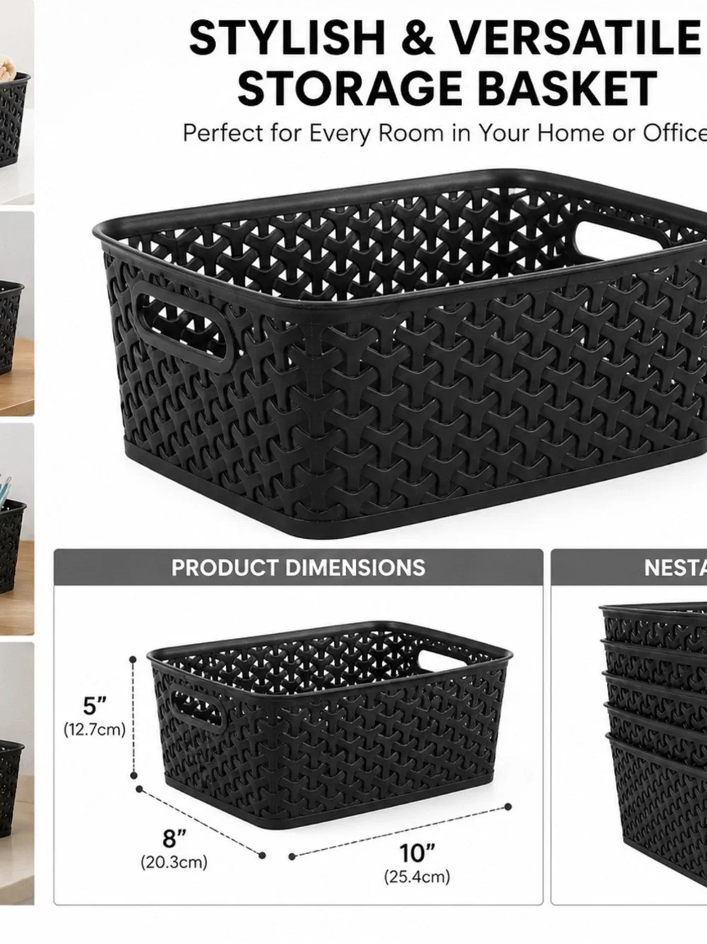 Black Plastic Woven Storage Basket - Stackable Home Organizer